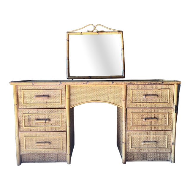 Cane and Bamboo Dressing Table with Tilting Mirror For Sale