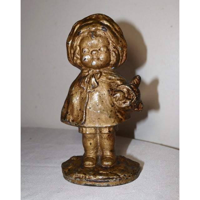 Rare Antique Late 1800's Solid Cast Iron Girl With Basket Heavy Figural Doorstop For Sale - Image 4 of 12
