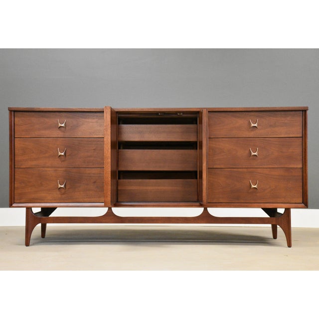Broyhill Brasilia 1960s Refinished Broyhill Brasilia Walnut 66” Dresser, Attributed For Sale - Image 4 of 11