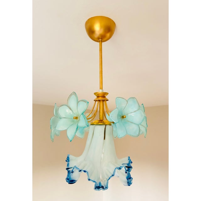 Italian Vintage Custom Hand-Painted Italian Murano Style Light Blue Floral Pendant - Restored For Sale - Image 3 of 17