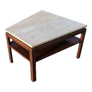 Mid-Century Modern Travertine Top Side Table in Walnut, 1970s For Sale
