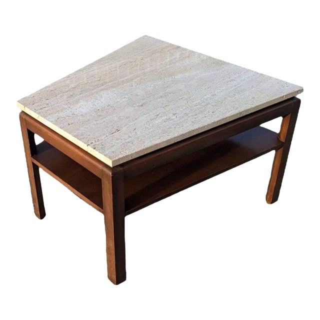 Mid-Century Modern Travertine Top Side Table in Walnut, 1970s For Sale