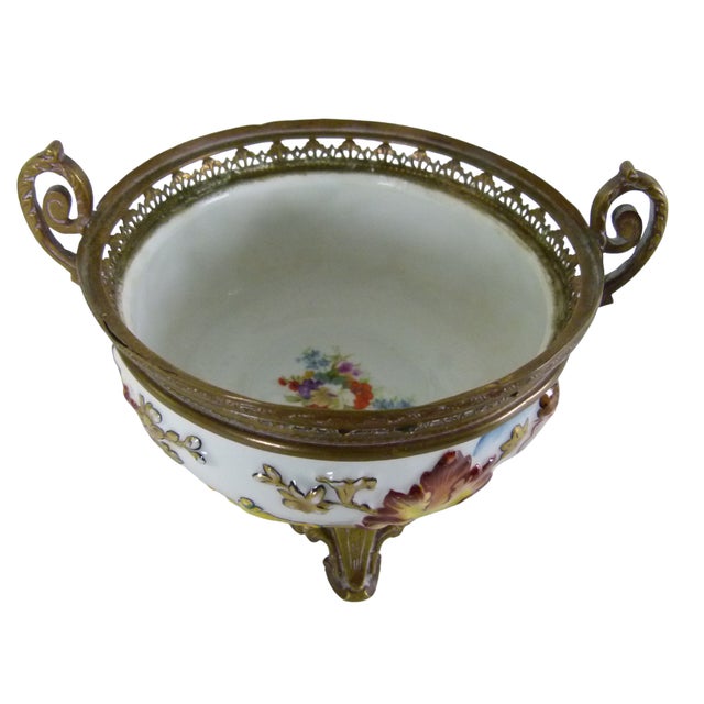 Metal Vintage French "N" Mark Footed Cherub Bowl With Ormolu Trim & Floral Interior | Two Handled | Blue Crowned N For Sale - Image 7 of 13