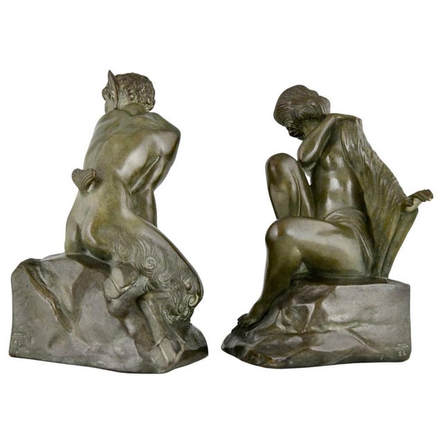 1920s Art Deco Bronze Bookends of Satyr and Nude by Andre Gilbert and M. Guillemard, 1925, Set of 2 For Sale - Image 5 of 13