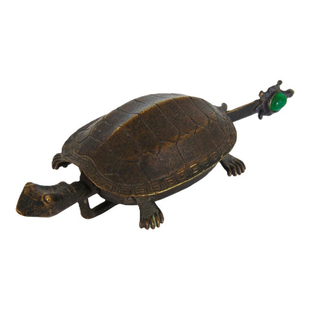 Vintage Chinese Brass Carved Turtle Lock and Key With Moving Head & Legs 4.75"l For Sale
