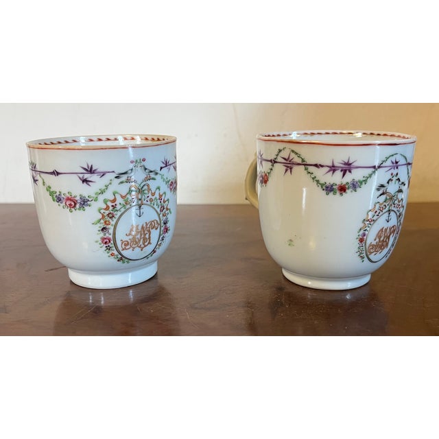 Chinoiserie Antique Early 19th Century Chinese Export Porcelain Marriage Tea Cups With Flower Garlands, Birds & Monogram Cipher Circa 1800 - A Pair For Sale - Image 3 of 11