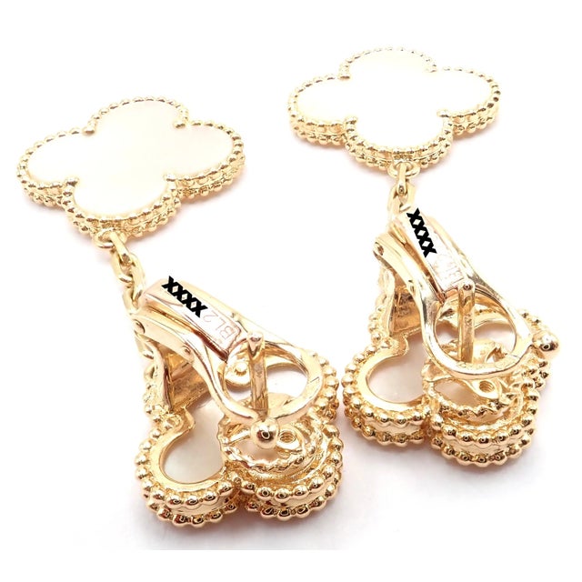 White Van Cleef & Arpels Yellow Gold Magic Alhambra Mother of Pearl Earrings, Pair For Sale - Image 8 of 14