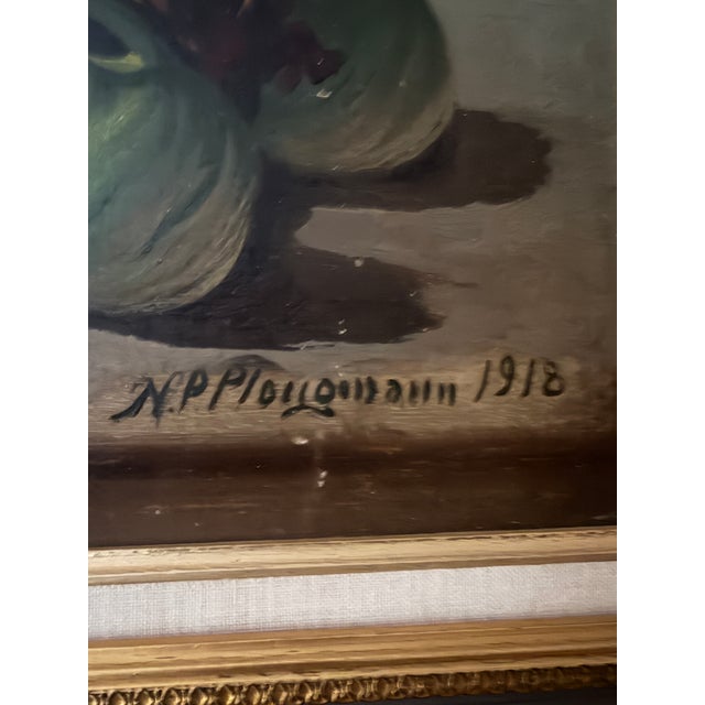 Paper 1918 Rectangular Landscape Signed Rustic Still Life With Fish and Basket Oil Painting For Sale - Image 7 of 8