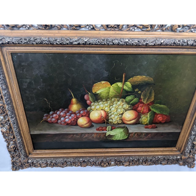 Late 20th Century Large Hand-Painted Traditional Fruit Still Life Oil on Canvas in Ornate Carved Frame For Sale - Image 13 of 16
