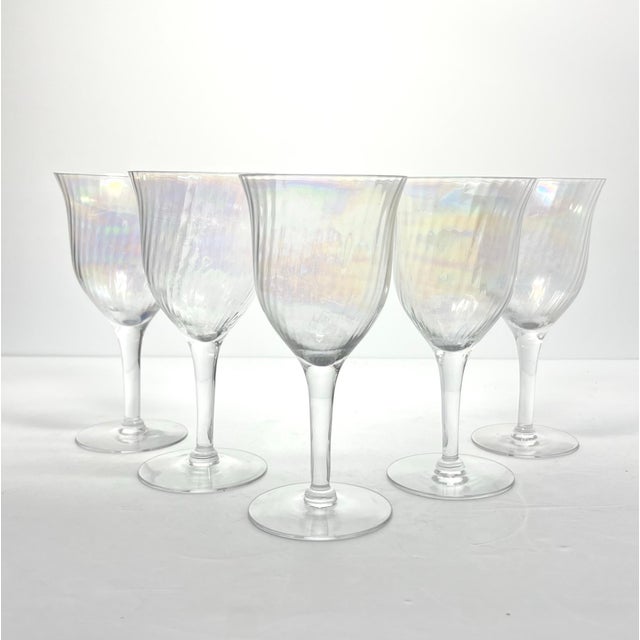 1960s Vintage MCM Lustre Iridescent Rainbow Pearl Optic 5 Wine Glasses 6.5” 9oz Good vintage condition. No chips, cracks,...