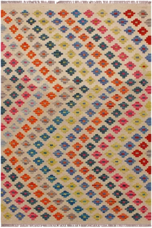 Contemporary Kilim Ivory/Pink Hand-Woven Wool Rug - 3'4 X 4'11