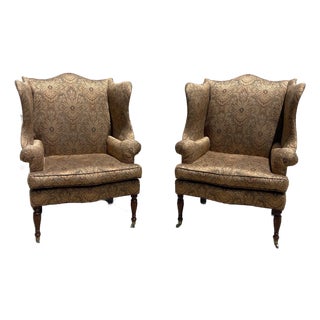 Victorian Style Damask Upholstery Wingback Chairs by Southwood, a Pair For Sale