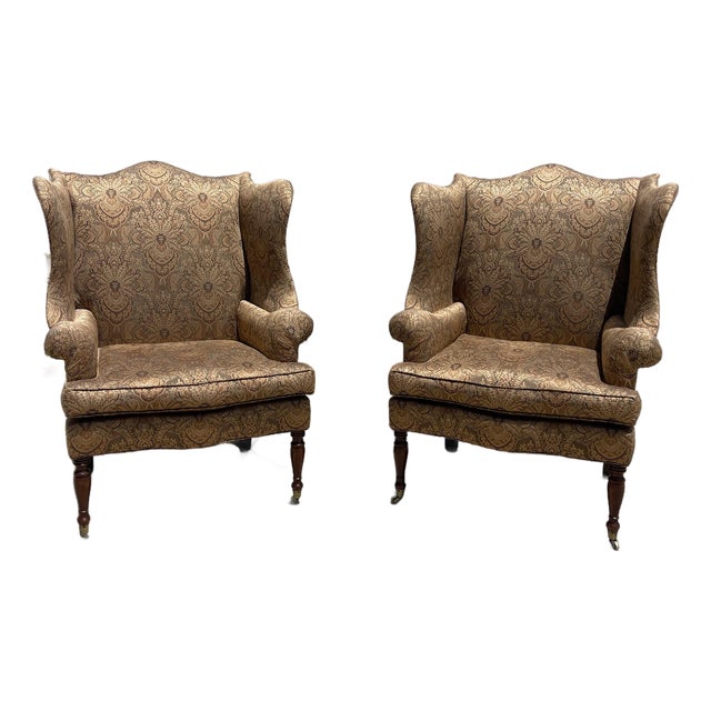 Victorian Style Damask Upholstery Wingback Chairs by Southwood, a Pair For Sale