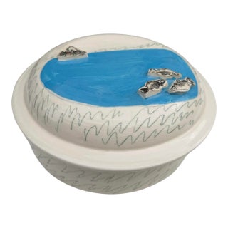 Vintage Studio Pottery Covered Dish With Fish & Boat Lid Signed Folk Art Ceramic For Sale