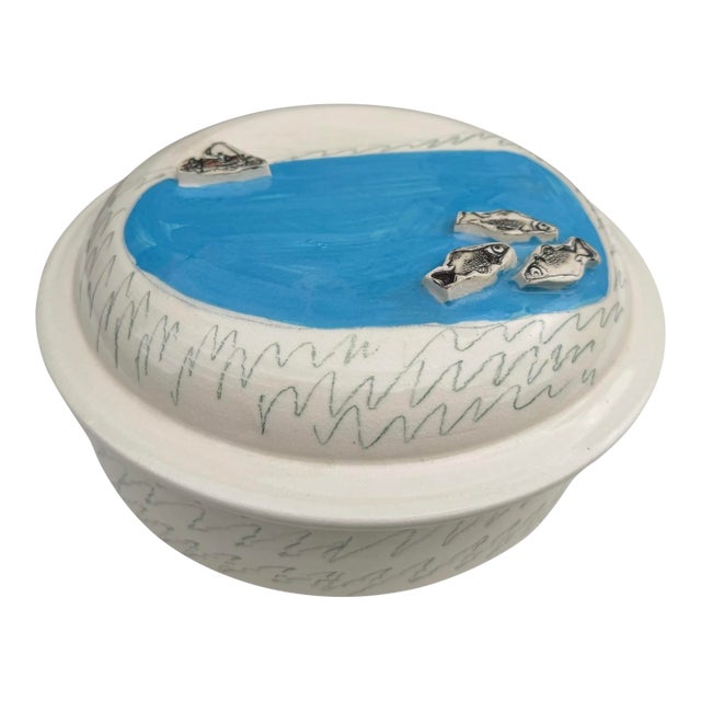 Vintage Studio Pottery Covered Dish With Fish & Boat Lid Signed Folk Art Ceramic For Sale
