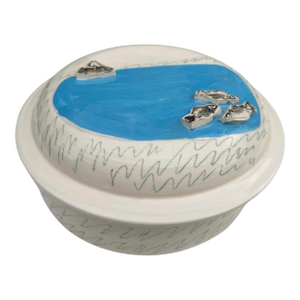 Vintage Studio Pottery Covered Dish With Fish & Boat Lid Signed Folk Art Ceramic