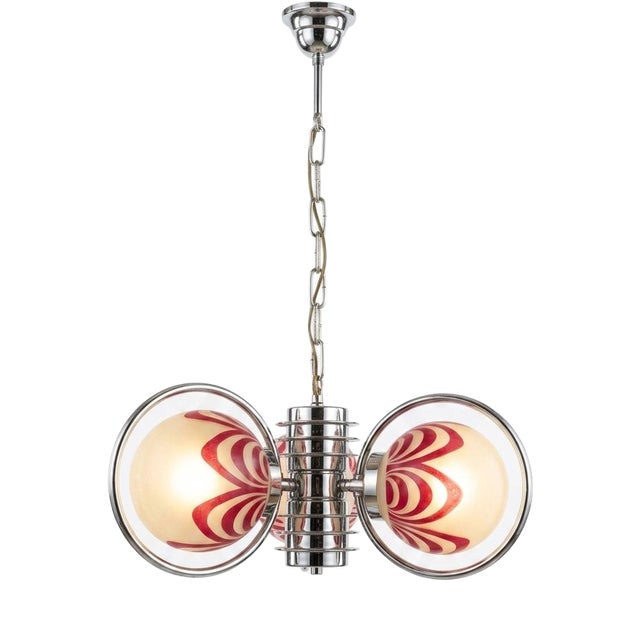 Art Deco Chrome-Plated Chandelier with Red Swirl Glass Shades, 1929 For Sale