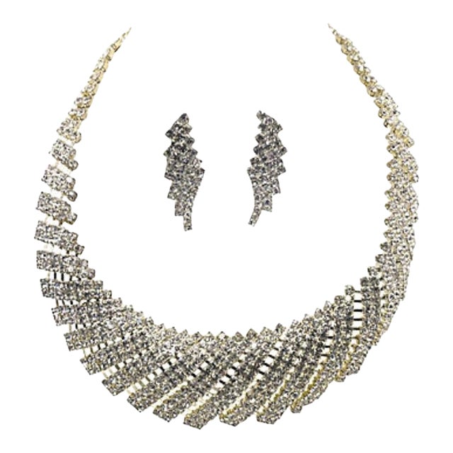 Rhinestone Bib Cocktail Statement Necklace and Earrings - 3 Pieces For Sale