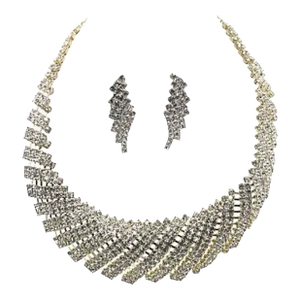 Rhinestone Bib Cocktail Statement Necklace and Earrings - 3 Pieces