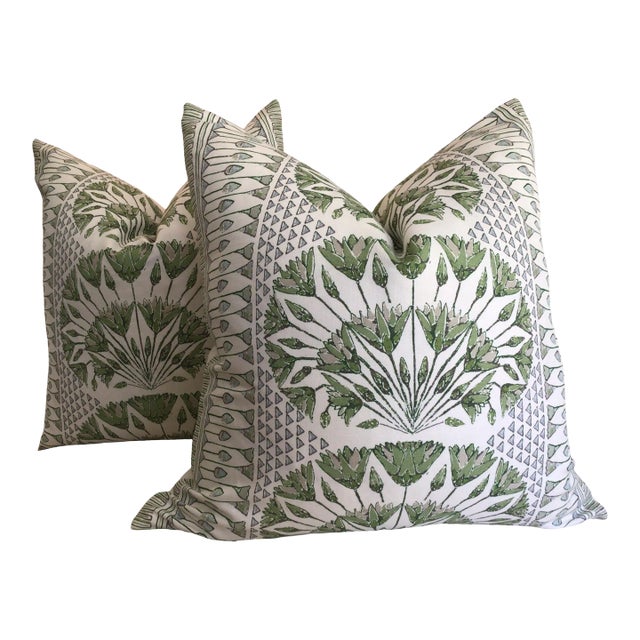 Thibaut “Cairo” in Green Plush Down-Filled Complete 18" Pillow - A Pair For Sale