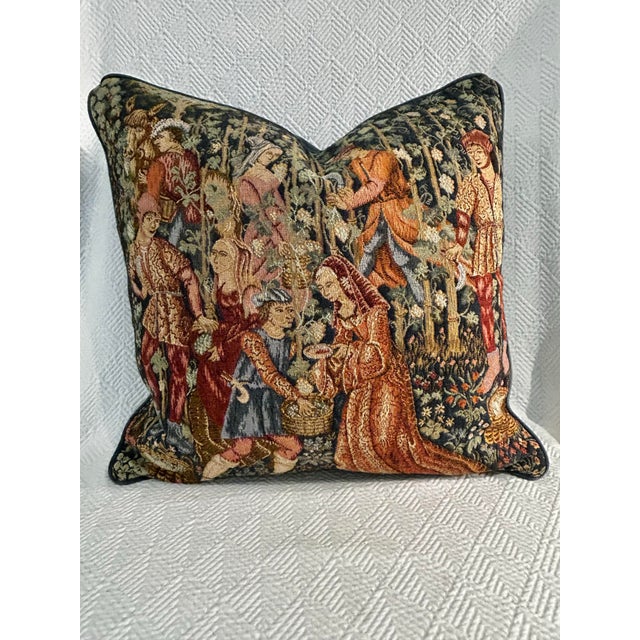 Blue Vintage English Medieval Millefleurs Tapestry 19.5”Pillow “Courtly Garden Scene” Made in England - With Down Insert For Sale - Image 8 of 10