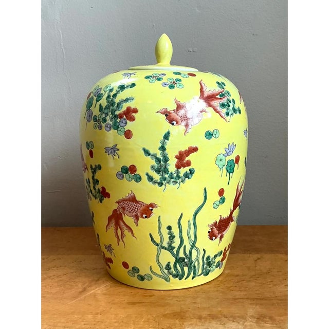 Ceramic Vintage Yellow Ceramic Fish Motif Jar For Sale - Image 7 of 12