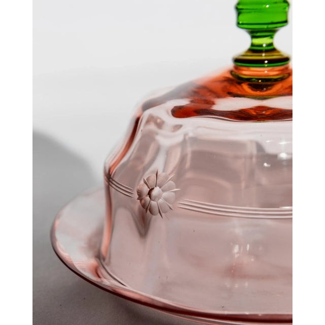 Vintage Glass Cloche Dish with Plate in Pink and Green Glass with Engraved Floral Decor, Italy, 1930s For Sale - Image 4 of 11