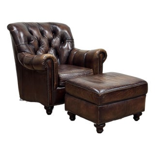 Vintage Bernhardt Tufted Leather Writers Chair With Ottoman For Sale