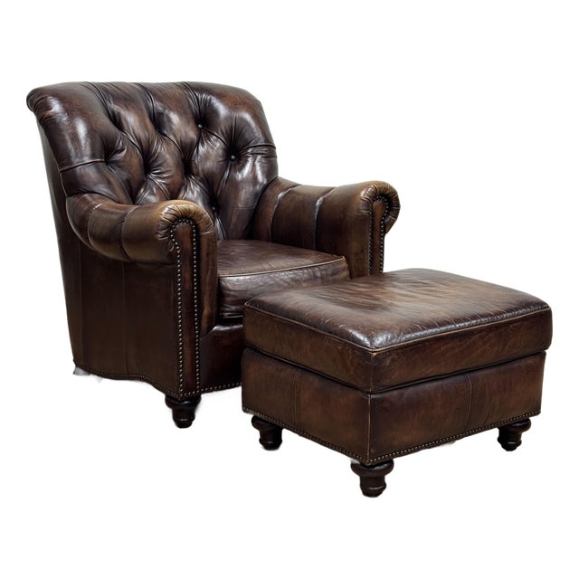 Vintage Bernhardt Tufted Leather Writers Chair With Ottoman For Sale