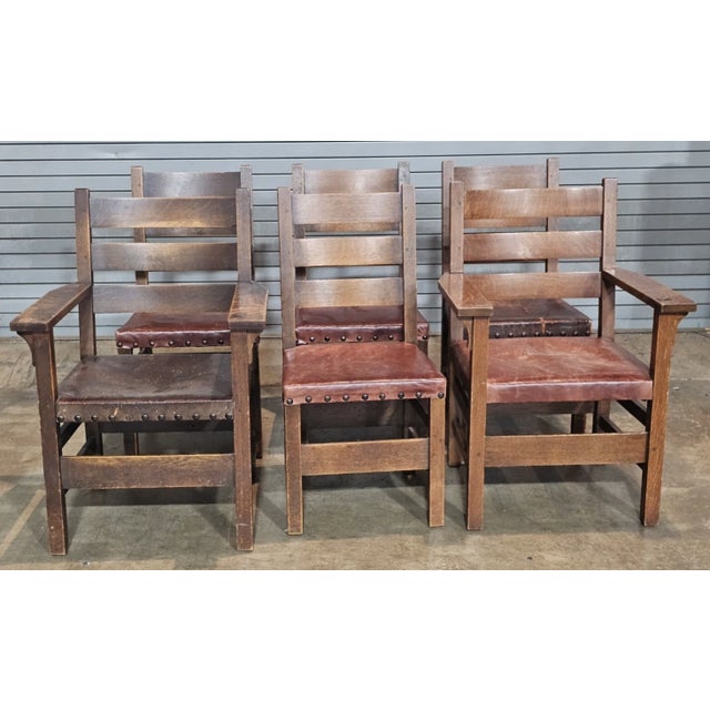 Store Item: Set of 6 Stickley Arts & Crafts Oak Dining Chairs Leather Seats Gustav Stickley Description: Early 20th...