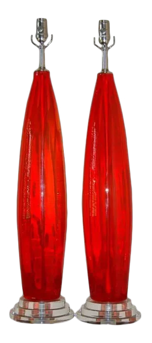 Vintage Handblown Murano Glass Table Lamps in Chili Pepper Red Orange, a Pair