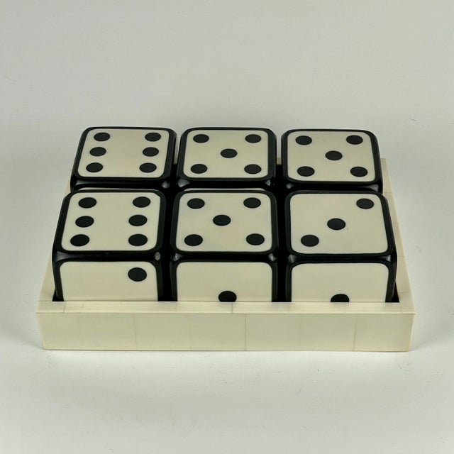 A fun vintage large dice set with tray in white enamel over wood. Circa: Late 20th Century Condition: Very good....