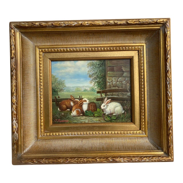 Countryside Bunny Rabbits Painting, Late 20th C. For Sale