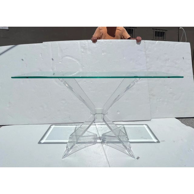 Vintage mid-century modern Lucite butterfly lion in frost style Consol table. Item includes sculptural Lucite butterfly...