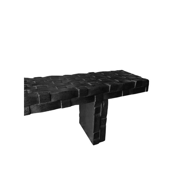 Black Sculptural Mango Wood Bench, Carved Detailing, Burnt Finish Modern Organic For Sale - Image 8 of 8
