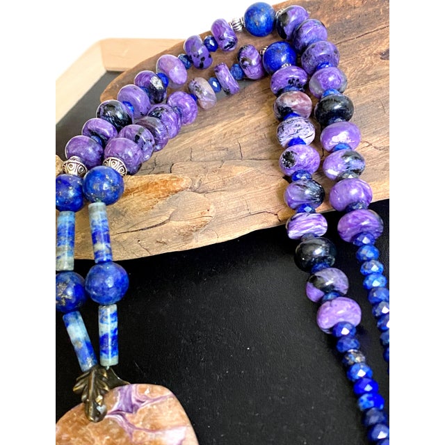 Statement Charoite and Lapis Lazuli Necklace With Sculptural Charoite Pendant a Wearable Work of Art For Sale - Image 12 of 18