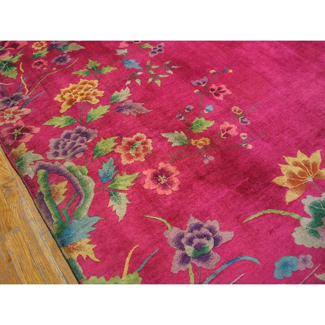 1920s Pink Raspebery Floral Antique Chinese Dec Rug 8'10" X 11'2" Handknotted Wool Carpet For Sale In New York - Image 6 of 9
