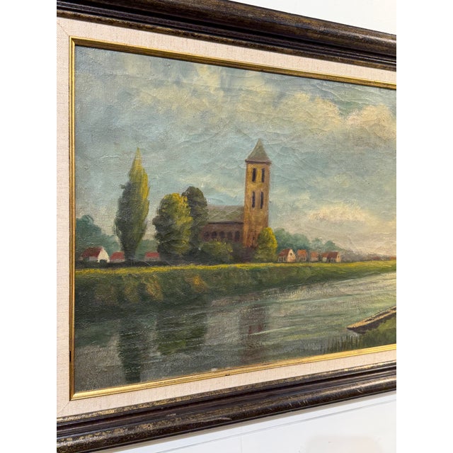 English Antique English Oil on Canvas Distant Village For Sale - Image 3 of 7