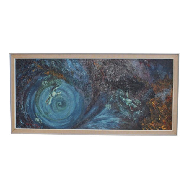 Vintage Mid Century Dragon Abstract Oil Painting by Rosemary Watson For Sale