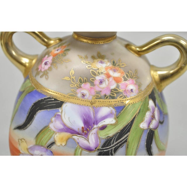 Ceramic Antique Nippon Moriage Hand Painted Porcelain Purple Iris & Gold Gilt Vase Pair For Sale - Image 7 of 18