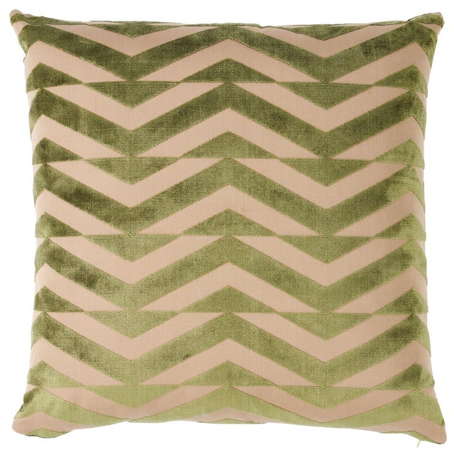 Schumacher Schumacher x Miles Redd Broken Chevron Cut Velvet 20" Pillow in Olive on Khaki For Sale - Image 4 of 4