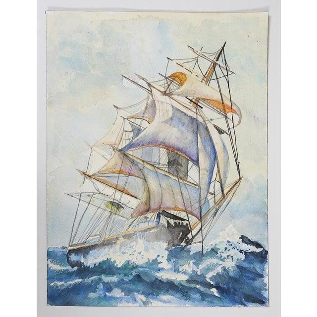Late 20th century watercolor on paper painting of a sailing ship on the ocean. Unsigned. Unframed.