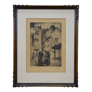Antique Belgian Kurt Peiser La Cour Rue Du Faucon Falcon Street Etching 17" For Sale