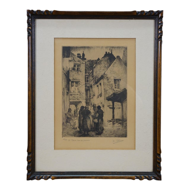 Antique Belgian Kurt Peiser La Cour Rue Du Faucon Falcon Street Etching 17" For Sale