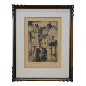 Antique Belgian Kurt Peiser La Cour Rue Du Faucon Falcon Street Etching 17"