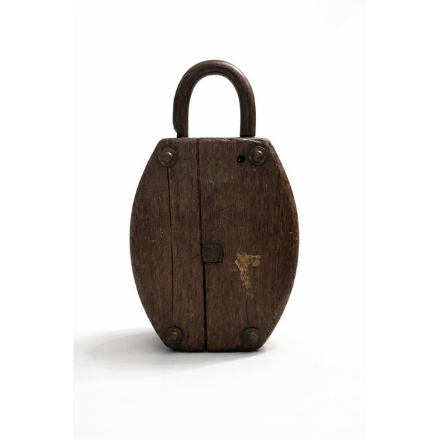 Industrial Ash and Iron Double Pulley Block Maritime Sculpture, 1930s For Sale - Image 6 of 8