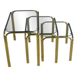 Nesting Tables in Gilt Metal and Tempered Glass, 1990s, Set of 3 For Sale