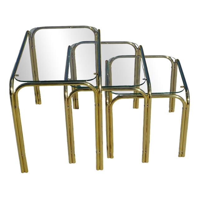 Nesting Tables in Gilt Metal and Tempered Glass, 1990s, Set of 3 For Sale
