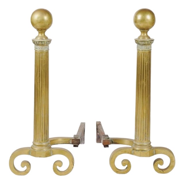1920s Monumental Neoclassical Revival Brass Column Andirons With Ball Finials, Pair For Sale