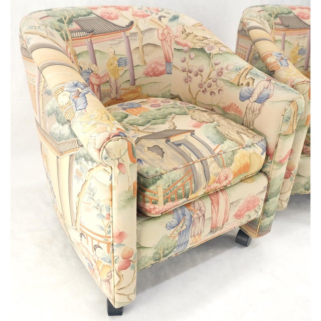 Olive Pair Asian Silk Motive Round Barrel Back Upholstery Lounge Chairs Casters MINT For Sale - Image 8 of 10